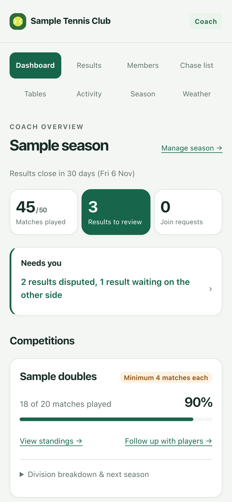 The coach dashboard on an iPhone: matches played, results to review, join requests and progress in each competition.