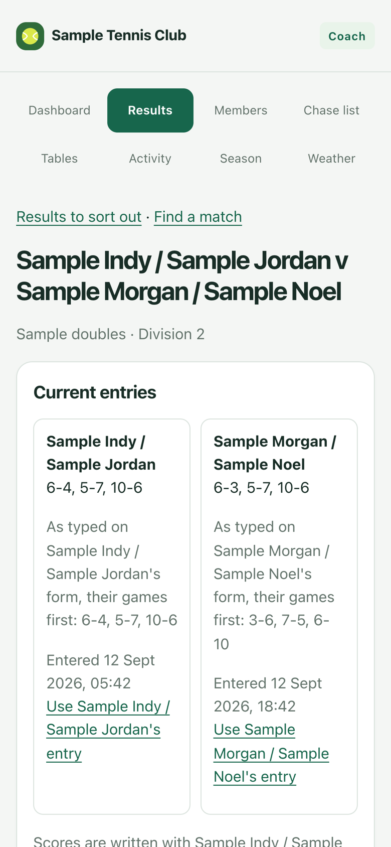 A disputed match on the coach’s page on an iPhone, with both sides’ entries and a link to use either.
