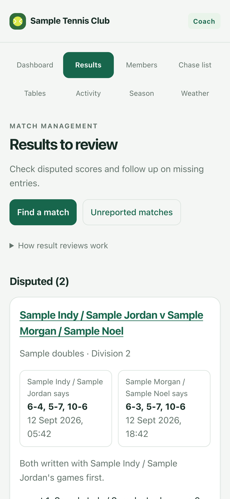 The coach’s results page on an iPhone, listing disputed matches with each side’s score.
