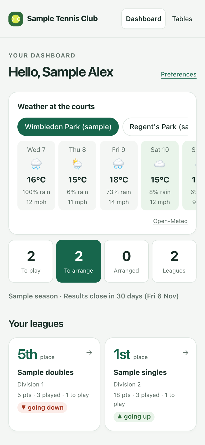 The player's dashboard on an iPhone: weather at the courts, matches to play and arrange, and a card for each league.