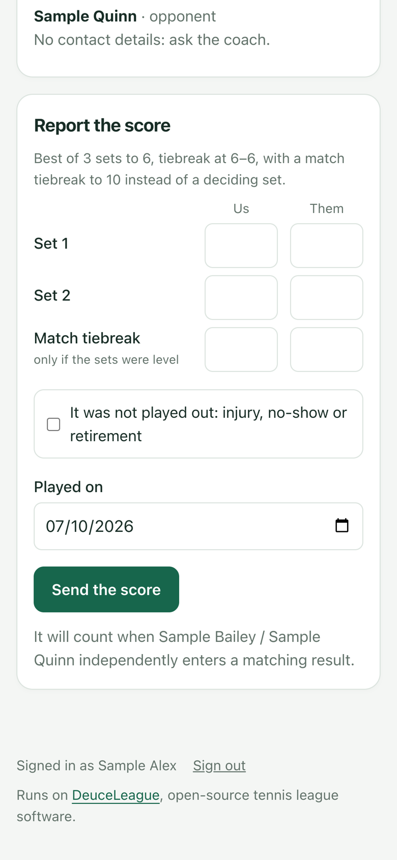 The score form on an iPhone, with a box for each side's games in each set.