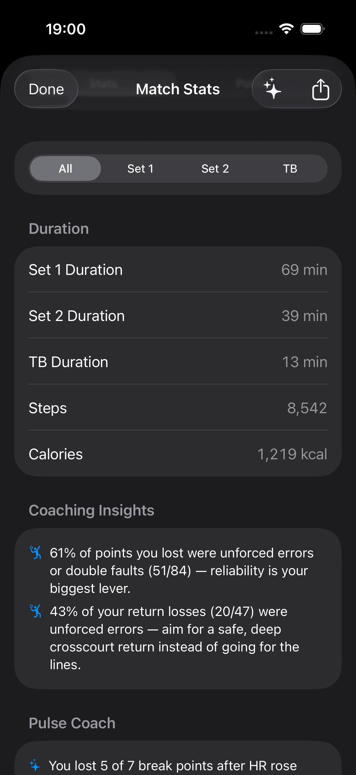 PulseCoach on iPhone: win percentage by heart-rate zone with a zone-banded heart-rate timeline across the match.