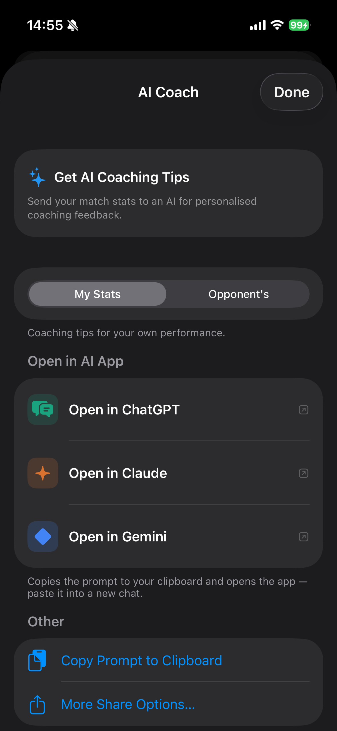 DeuceMate AI Coach screen: send your match stats to ChatGPT, Claude or Gemini, with a My Stats / Opponent's toggle.