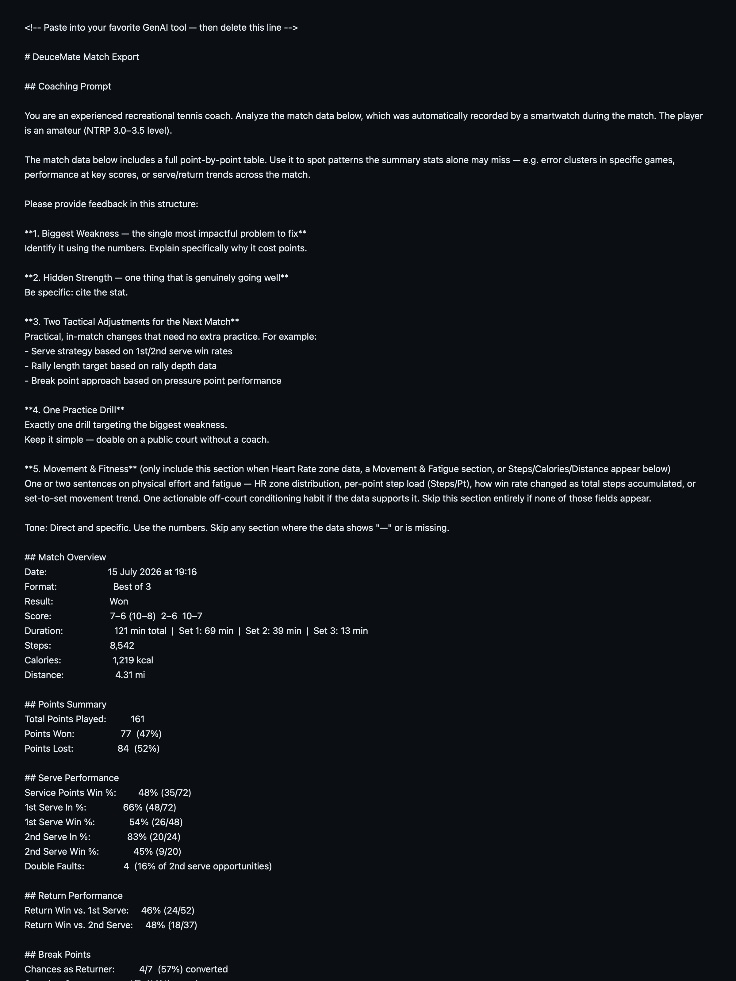 The generated coaching prompt, ready to paste into any AI app.