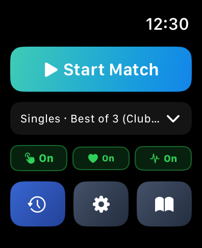 DeuceMate start screen on Apple Watch: a Start Match button, the remembered Singles / Best of 3 setup, and Points, Health and Pulse chips all reading On.