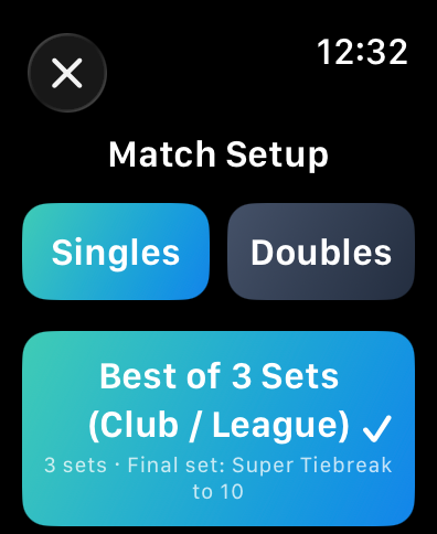Match Setup on Apple Watch: a Singles and Doubles choice above the match formats, with Best of 3 Sets (Club / League) selected.