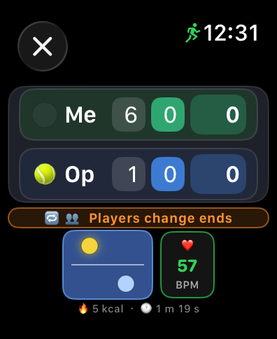 Apple Watch scoreboard with a sticky Players change ends reminder sitting above the score.