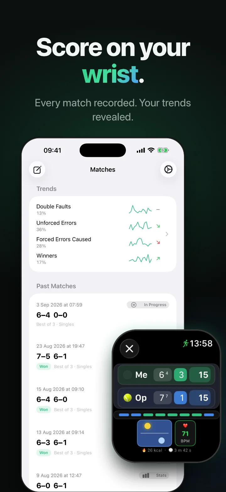 DeuceMate marketing image: “Score on your wrist.” with the iPhone match list and trends beside the Apple Watch live scoreboard